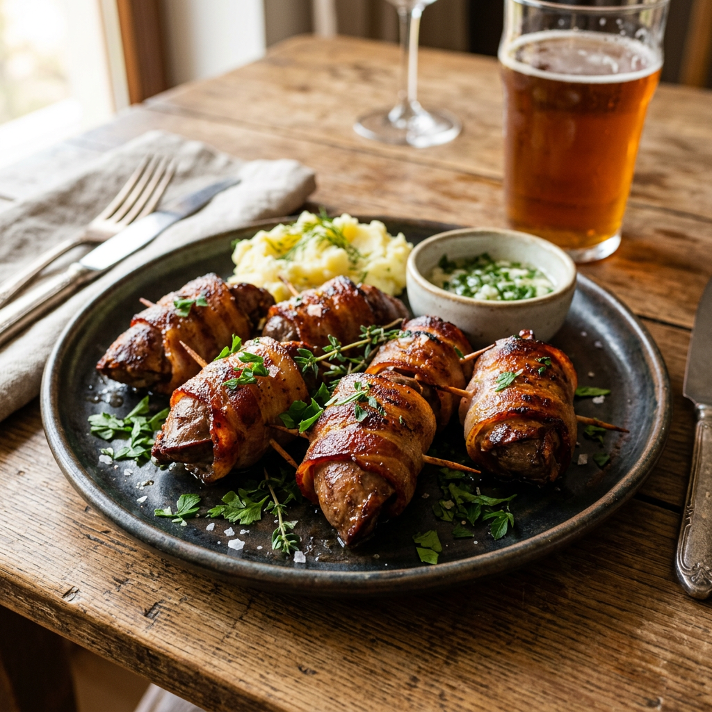 Bacon-wrapped sausages on a plate with mashed potatoes, dipping sauce, and a glass of beer.